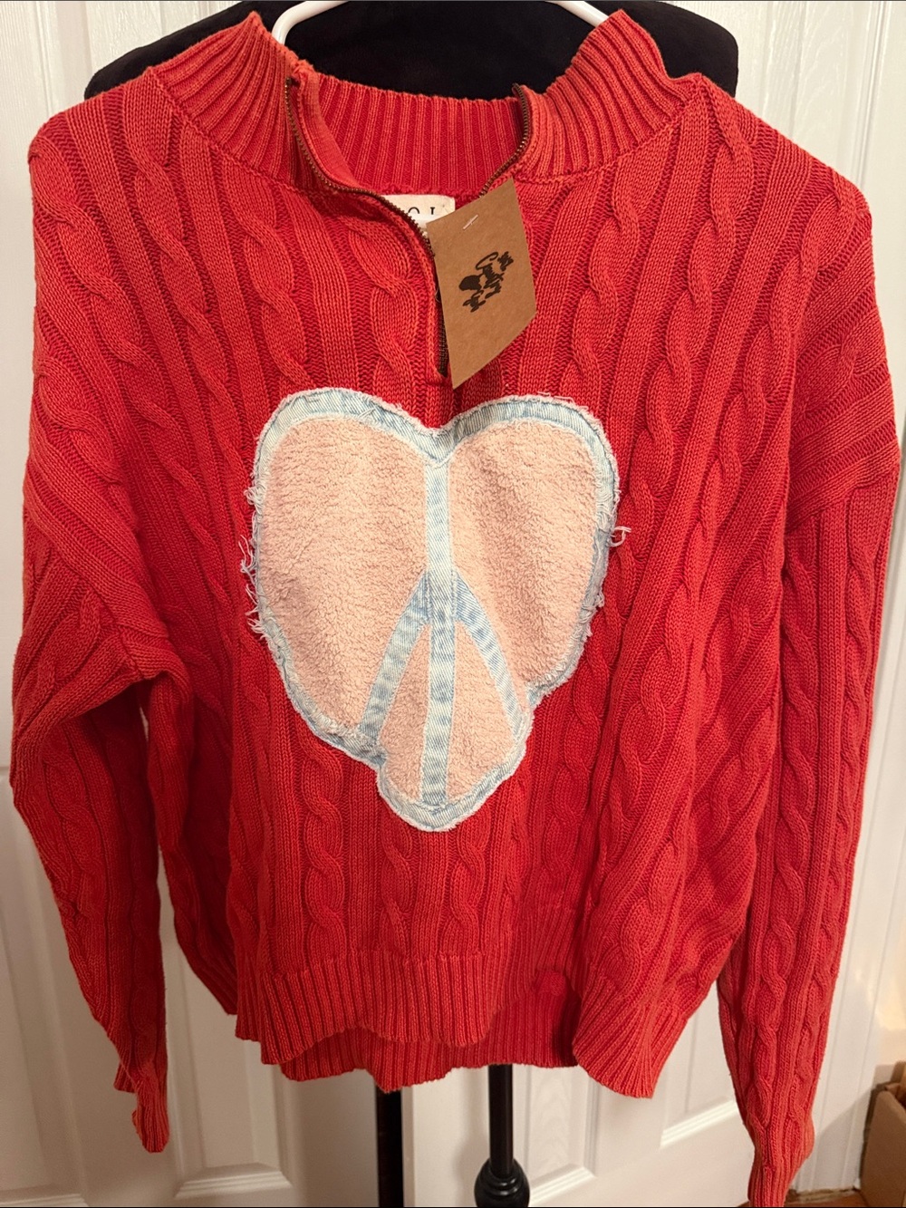 POL Red Cable Knit Pullover with Pink Heart Peace Patch